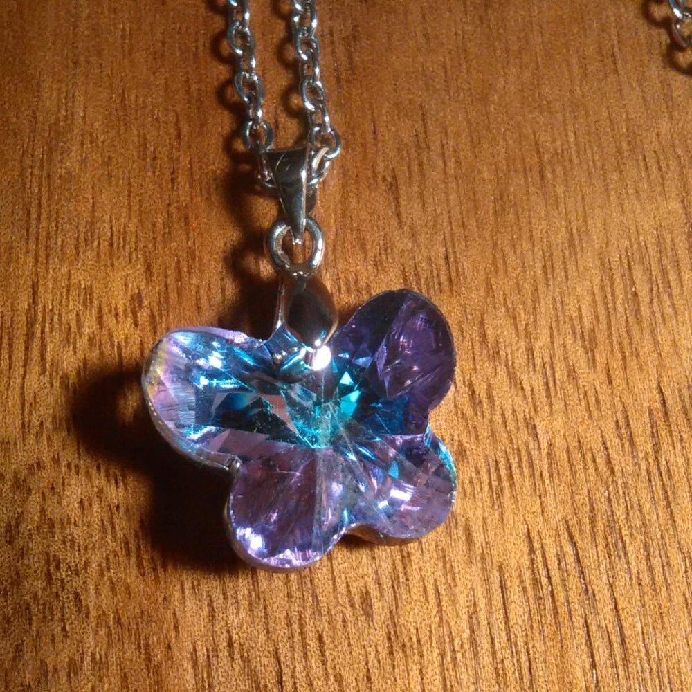 Mystic Color Crystal Brass Butterfly Pendant Stainless Steel Necklace